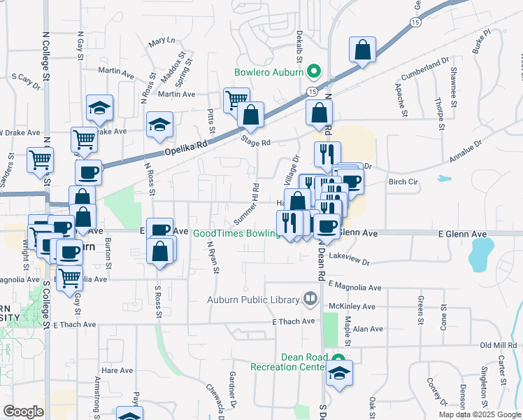 map of restaurants, bars, coffee shops, grocery stores, and more near 608 Harper Avenue in Auburn