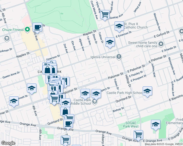 map of restaurants, bars, coffee shops, grocery stores, and more near 130 Glenhaven Way in Chula Vista
