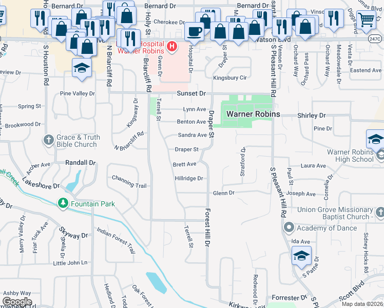 map of restaurants, bars, coffee shops, grocery stores, and more near 314 Draper Street in Warner Robins