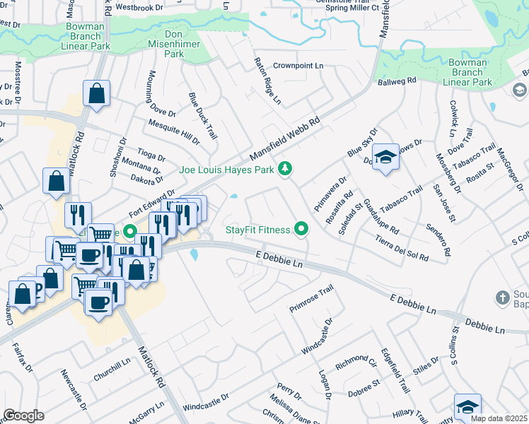 map of restaurants, bars, coffee shops, grocery stores, and more near 3215 Western Bluff Court in Mansfield