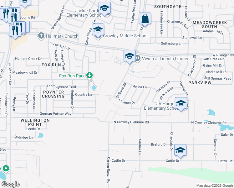 map of restaurants, bars, coffee shops, grocery stores, and more near 9152 Saint Barts Road in Fort Worth