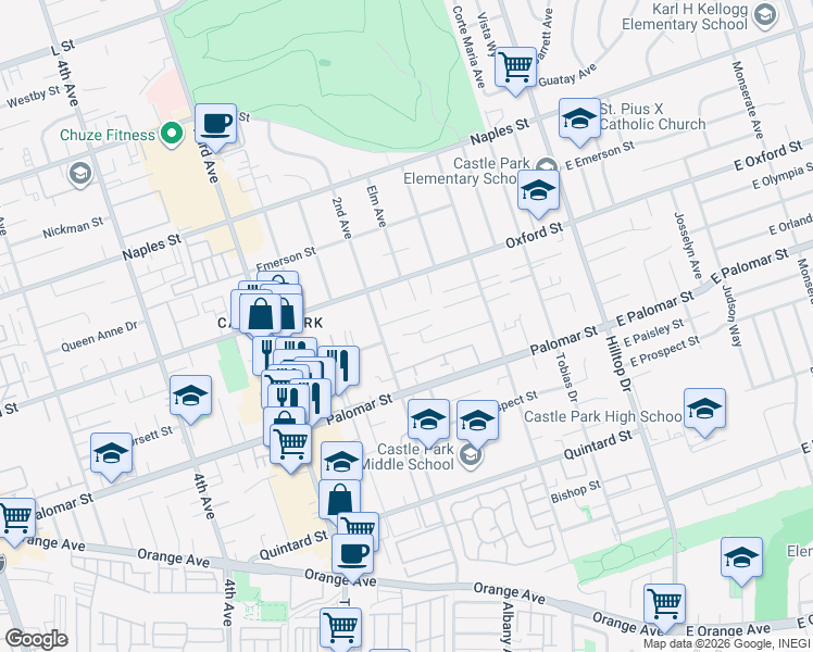 map of restaurants, bars, coffee shops, grocery stores, and more near 1259 Amy Street in Chula Vista