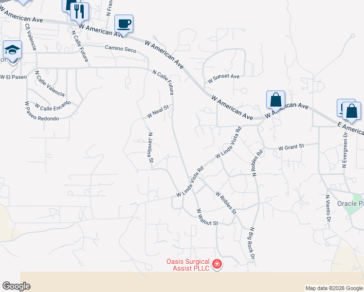 map of restaurants, bars, coffee shops, grocery stores, and more near 973 North Calle Futura in Oracle
