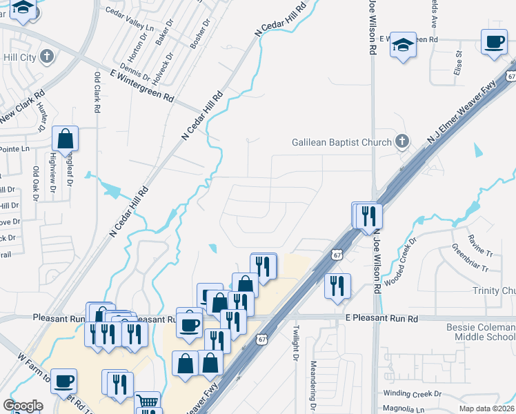 map of restaurants, bars, coffee shops, grocery stores, and more near 630 Dandelion Drive in Cedar Hill
