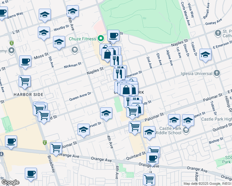 map of restaurants, bars, coffee shops, grocery stores, and more near 330 Oxford Street in Chula Vista