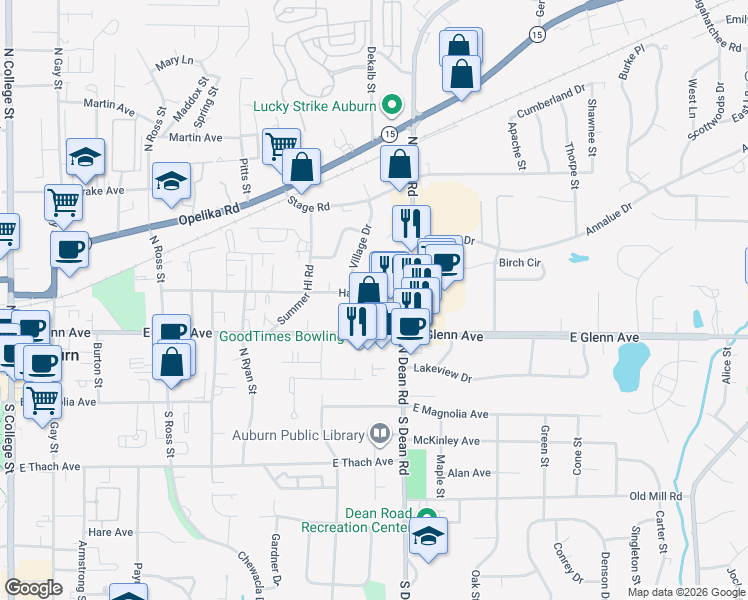 map of restaurants, bars, coffee shops, grocery stores, and more near 231 North Dean Road in Auburn