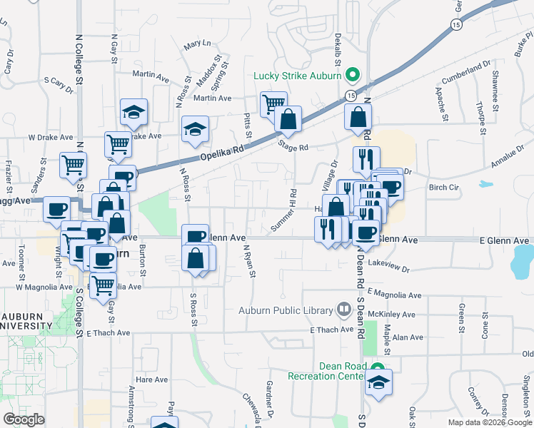 map of restaurants, bars, coffee shops, grocery stores, and more near 552 Harper Avenue in Auburn