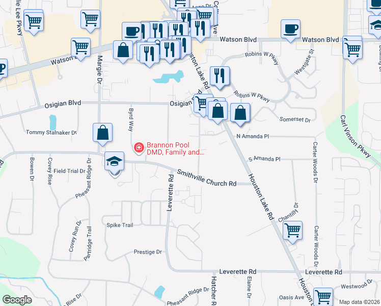 map of restaurants, bars, coffee shops, grocery stores, and more near 114 Constitution Drive in Warner Robins