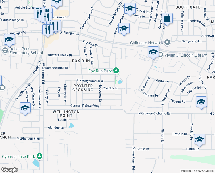 map of restaurants, bars, coffee shops, grocery stores, and more near 3873 Country Lane in Fort Worth