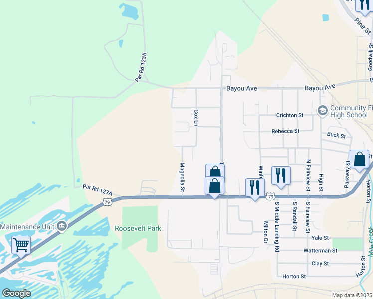 map of restaurants, bars, coffee shops, grocery stores, and more near 117 Magnolia St in Minden
