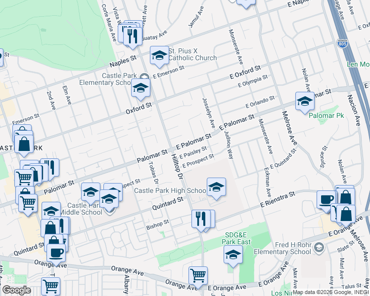 map of restaurants, bars, coffee shops, grocery stores, and more near 24 East Palomar Street in Chula Vista