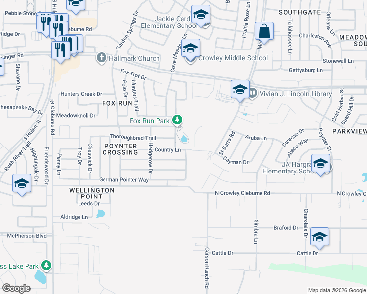 map of restaurants, bars, coffee shops, grocery stores, and more near 3837 Country Lane in Fort Worth