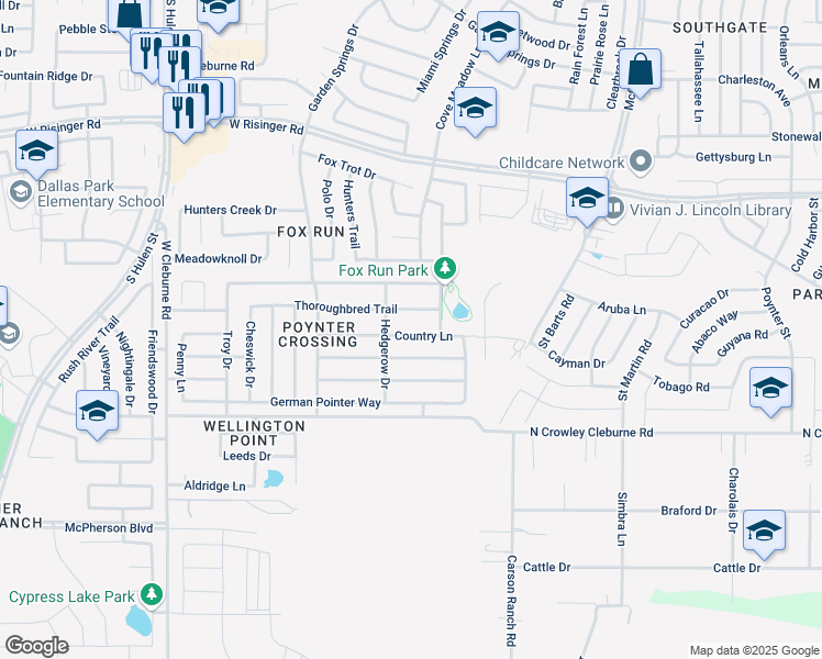 map of restaurants, bars, coffee shops, grocery stores, and more near 3873 Country Lane in Fort Worth