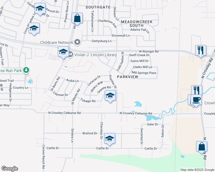 map of restaurants, bars, coffee shops, grocery stores, and more near 3124 Guyana Road in Fort Worth
