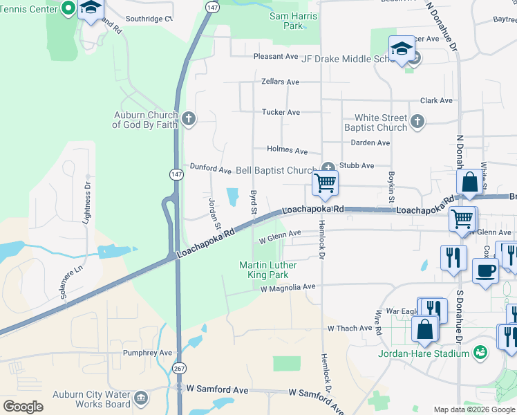 map of restaurants, bars, coffee shops, grocery stores, and more near 308 Byrd Street in Auburn
