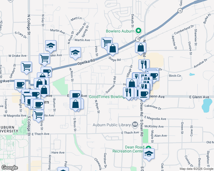 map of restaurants, bars, coffee shops, grocery stores, and more near 566 Harper Avenue in Auburn