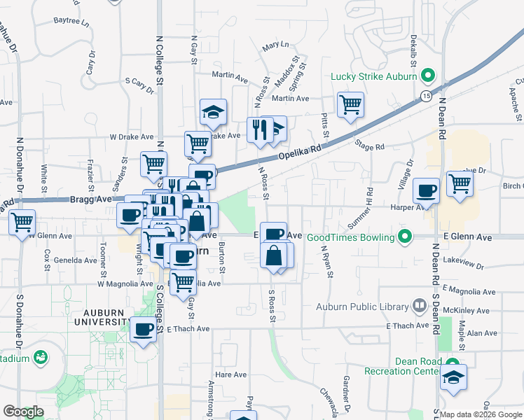 map of restaurants, bars, coffee shops, grocery stores, and more near 303 North Ross Street in Auburn