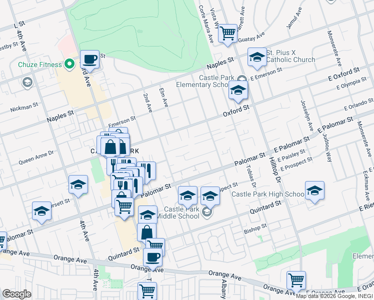 map of restaurants, bars, coffee shops, grocery stores, and more near 1259 Amy Street in Chula Vista