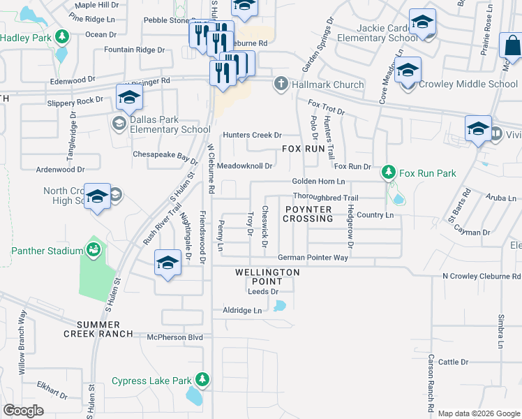 map of restaurants, bars, coffee shops, grocery stores, and more near 9101 Troy Drive in Fort Worth