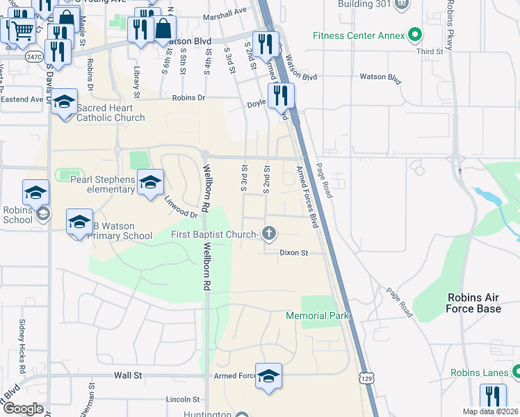 map of restaurants, bars, coffee shops, grocery stores, and more near 605 South 2nd Street in Warner Robins