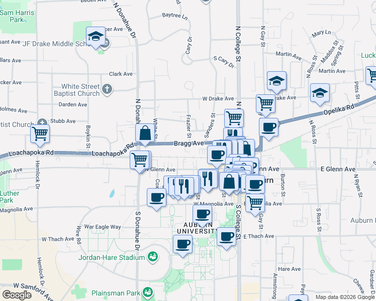 map of restaurants, bars, coffee shops, grocery stores, and more near 311 Bragg Avenue in Auburn