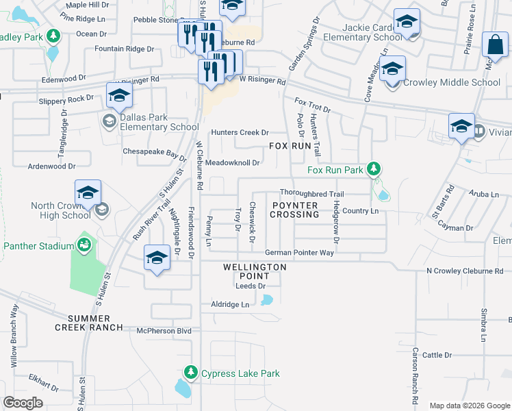 map of restaurants, bars, coffee shops, grocery stores, and more near 9028 Old Clydesdale Drive in Fort Worth