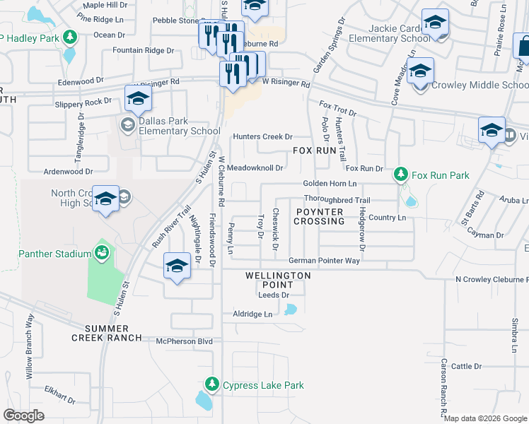 map of restaurants, bars, coffee shops, grocery stores, and more near 9101 Troy Drive in Fort Worth