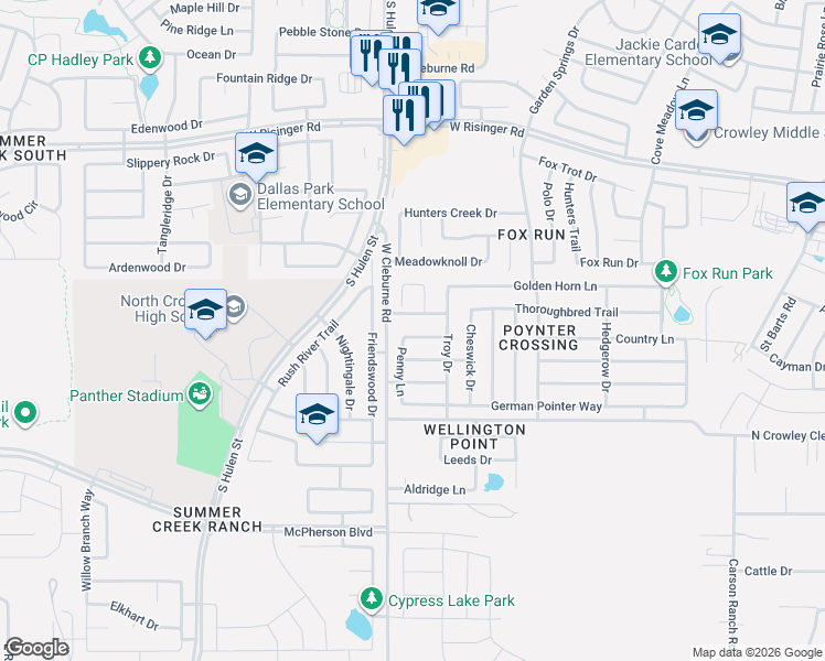 map of restaurants, bars, coffee shops, grocery stores, and more near 9025 Penny Lane in Fort Worth