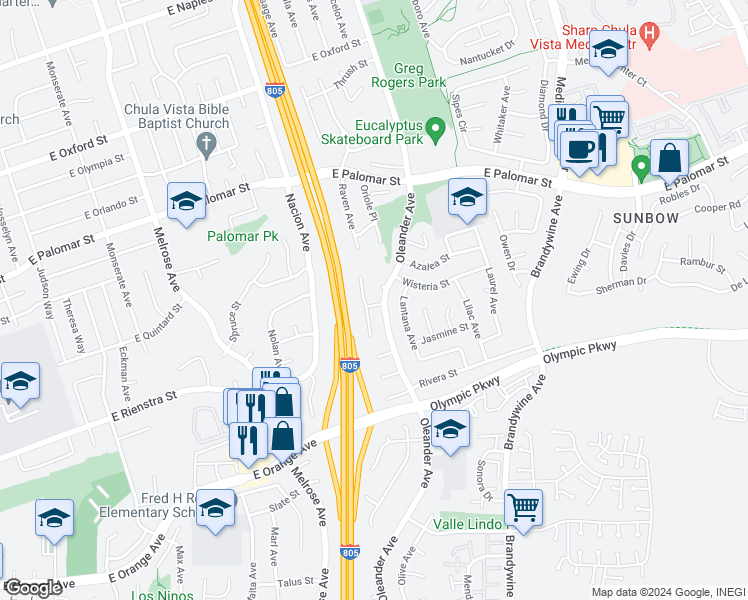 map of restaurants, bars, coffee shops, grocery stores, and more near 483 Quince Street in Chula Vista
