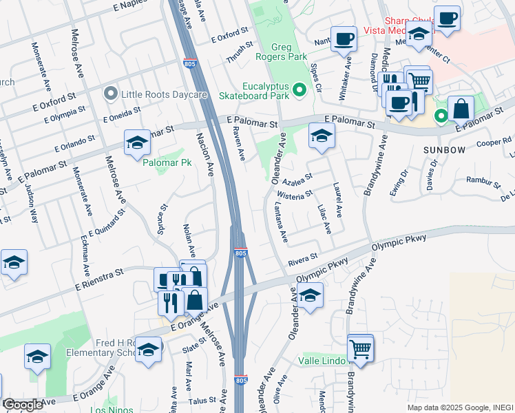 map of restaurants, bars, coffee shops, grocery stores, and more near 1419 Oleander Avenue in Chula Vista