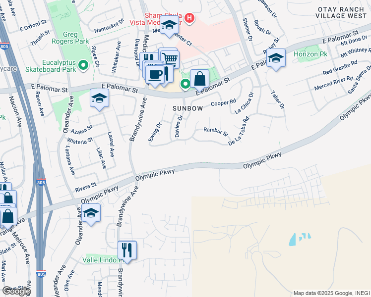 map of restaurants, bars, coffee shops, grocery stores, and more near 1512 Thomas Place in Chula Vista