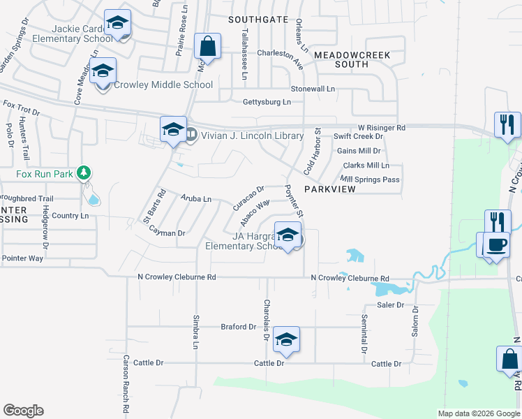 map of restaurants, bars, coffee shops, grocery stores, and more near 9153 Abaco Way in Fort Worth
