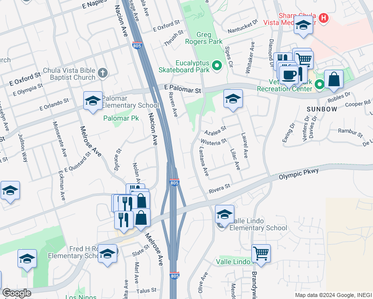 map of restaurants, bars, coffee shops, grocery stores, and more near 483 Quince Street in Chula Vista