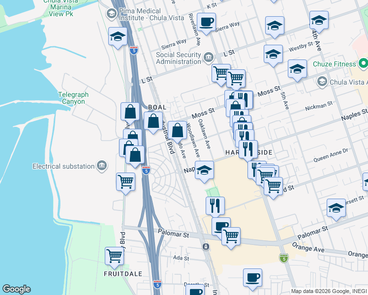 map of restaurants, bars, coffee shops, grocery stores, and more near 689 Crested Butte Street in Chula Vista
