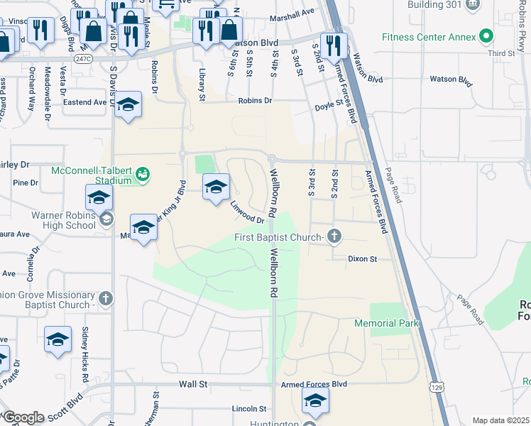 map of restaurants, bars, coffee shops, grocery stores, and more near Linwood Drive in Warner Robins
