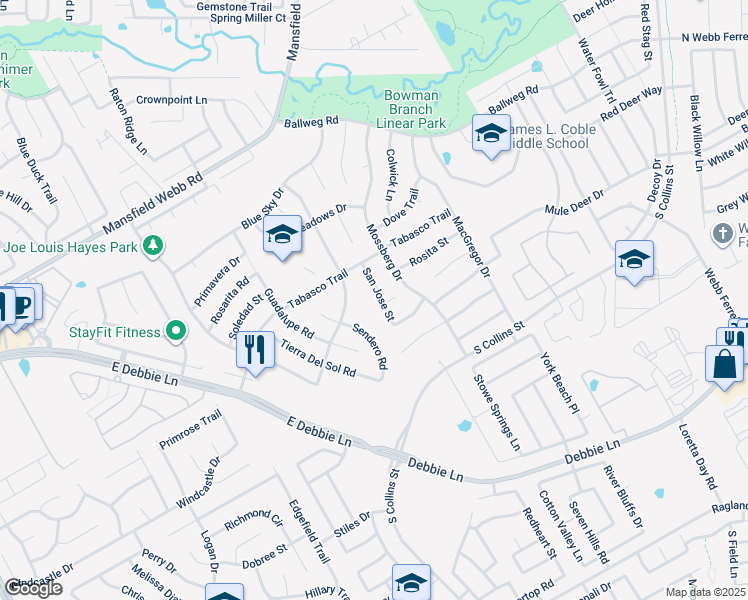 map of restaurants, bars, coffee shops, grocery stores, and more near 8218 San Jose Court in Arlington