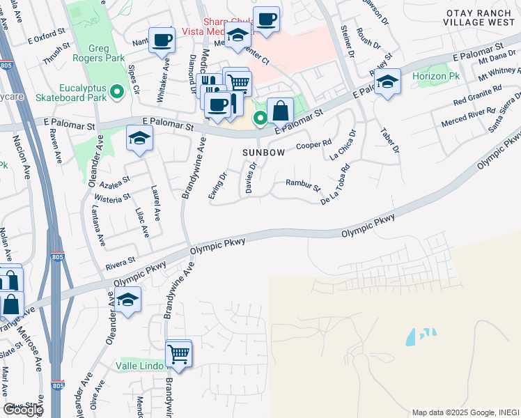 map of restaurants, bars, coffee shops, grocery stores, and more near 1512 Thomas Place in Chula Vista