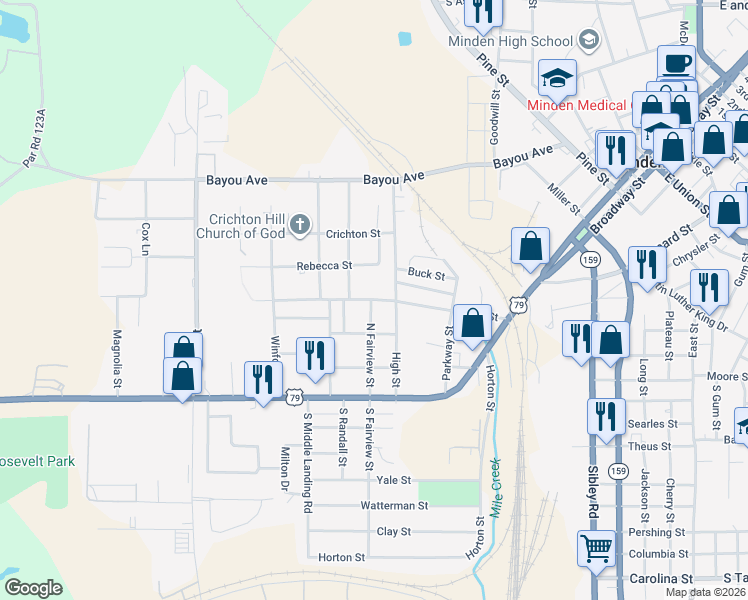 map of restaurants, bars, coffee shops, grocery stores, and more near West Street in Minden