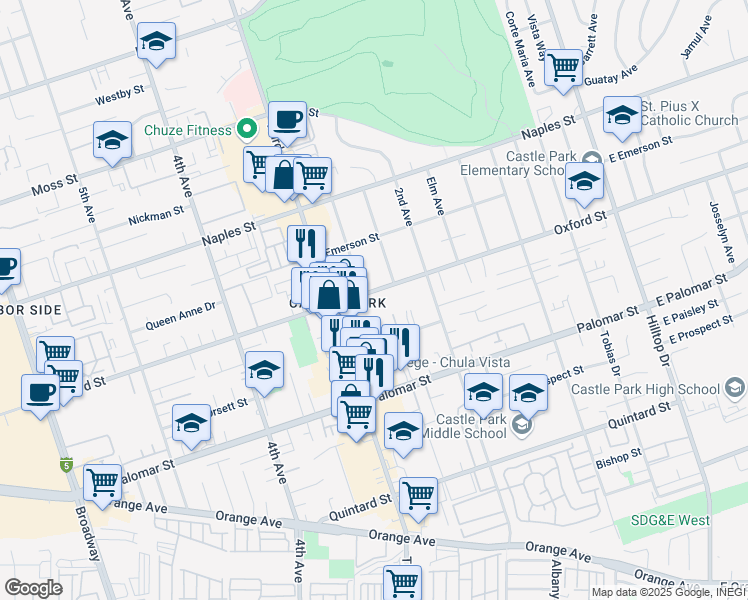 map of restaurants, bars, coffee shops, grocery stores, and more near 251 Oxford Street in Chula Vista