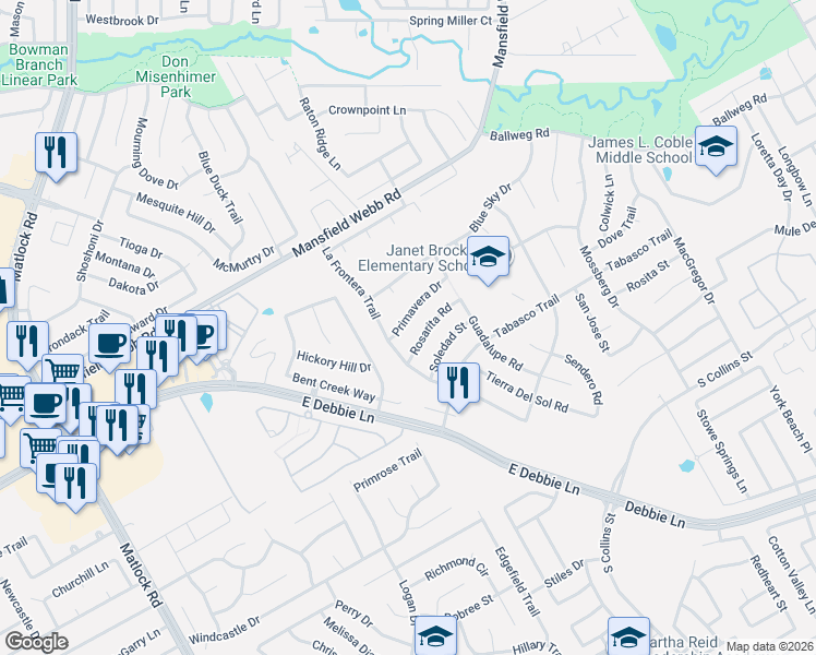 map of restaurants, bars, coffee shops, grocery stores, and more near 600 Primavera Drive in Arlington