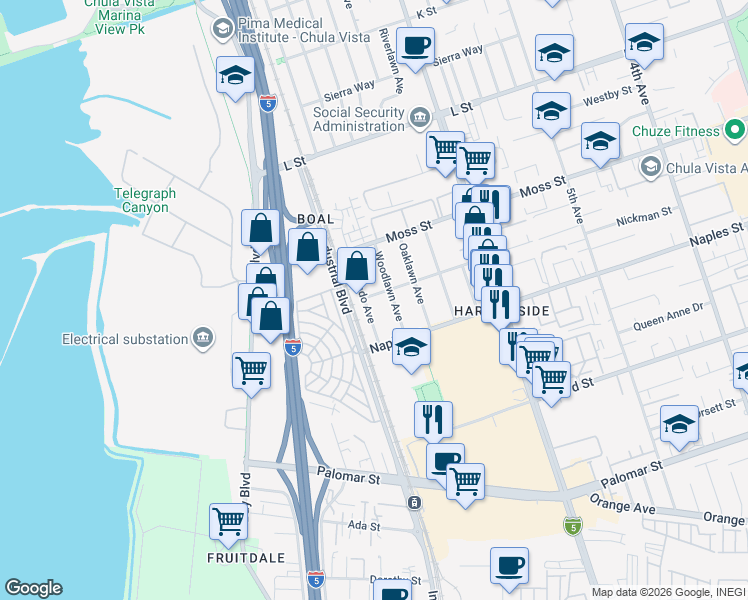 map of restaurants, bars, coffee shops, grocery stores, and more near 689 Crested Butte Street in Chula Vista