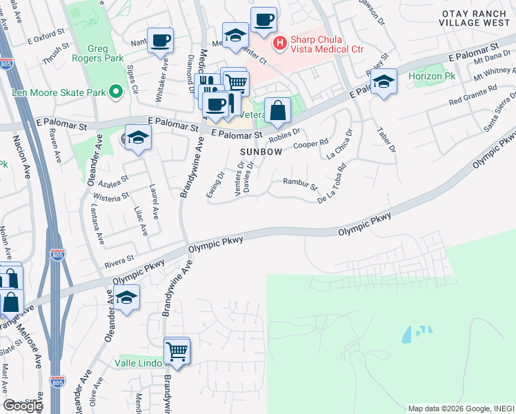 map of restaurants, bars, coffee shops, grocery stores, and more near 1512 Thomas Place in Chula Vista