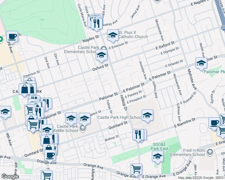 map of restaurants, bars, coffee shops, grocery stores, and more near 29 Palomar Street in Chula Vista