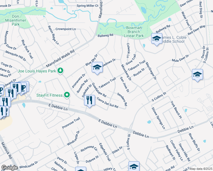 map of restaurants, bars, coffee shops, grocery stores, and more near 8100 Sendero Road in Arlington