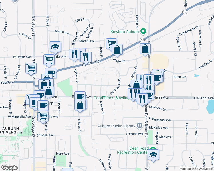 map of restaurants, bars, coffee shops, grocery stores, and more near 222 North Ryan Street in Auburn