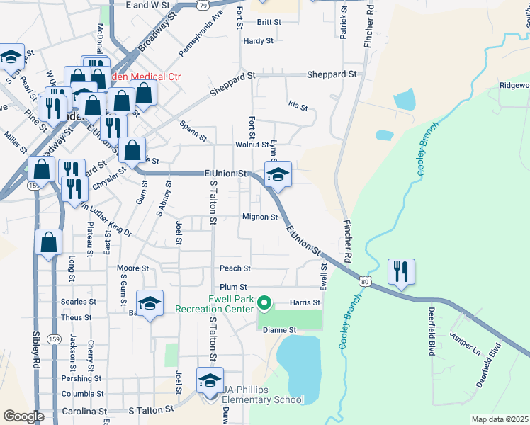 map of restaurants, bars, coffee shops, grocery stores, and more near 817 Mignon Street in Minden