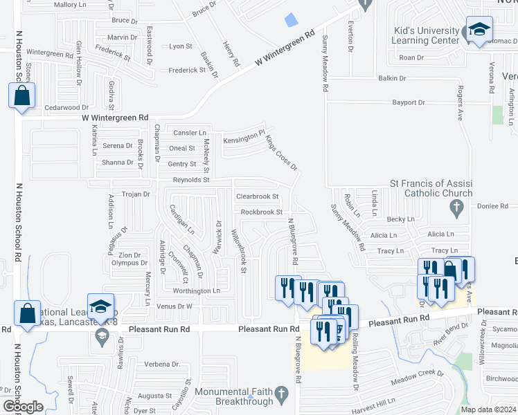 map of restaurants, bars, coffee shops, grocery stores, and more near 1511 Rockbrook Street in Lancaster