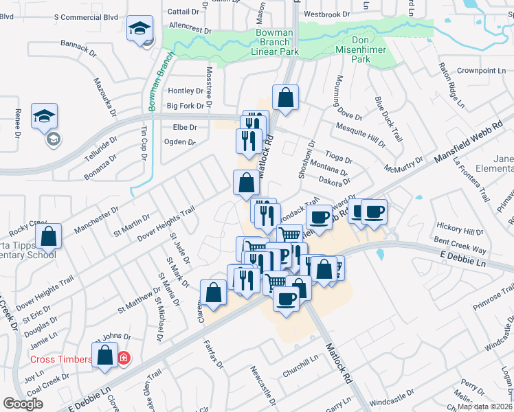 map of restaurants, bars, coffee shops, grocery stores, and more near 3331 Matlock Road in Mansfield