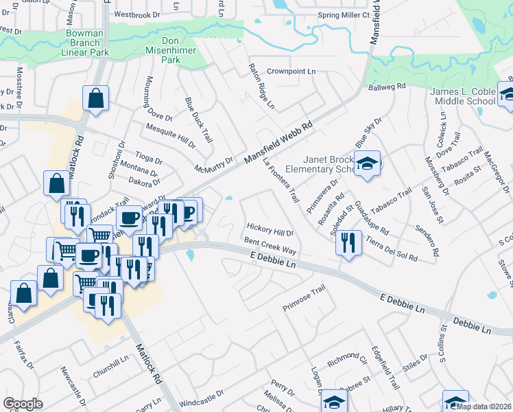 map of restaurants, bars, coffee shops, grocery stores, and more near 3215 Western Bluff Court in Mansfield