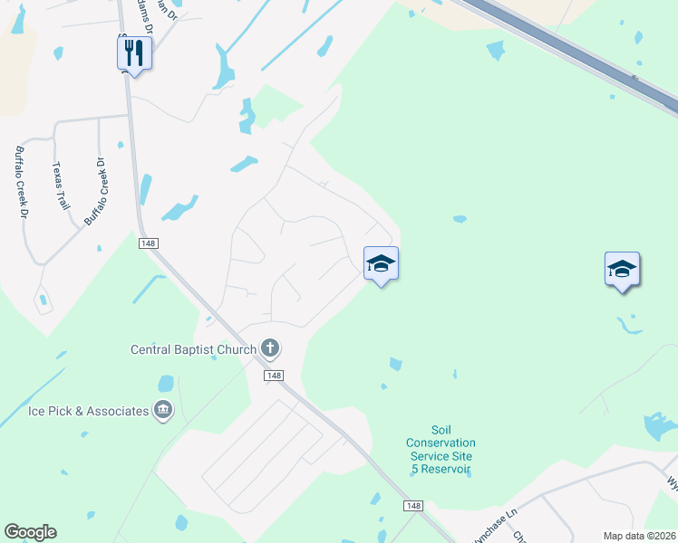 map of restaurants, bars, coffee shops, grocery stores, and more near 402 Augusta Circle in Crandall